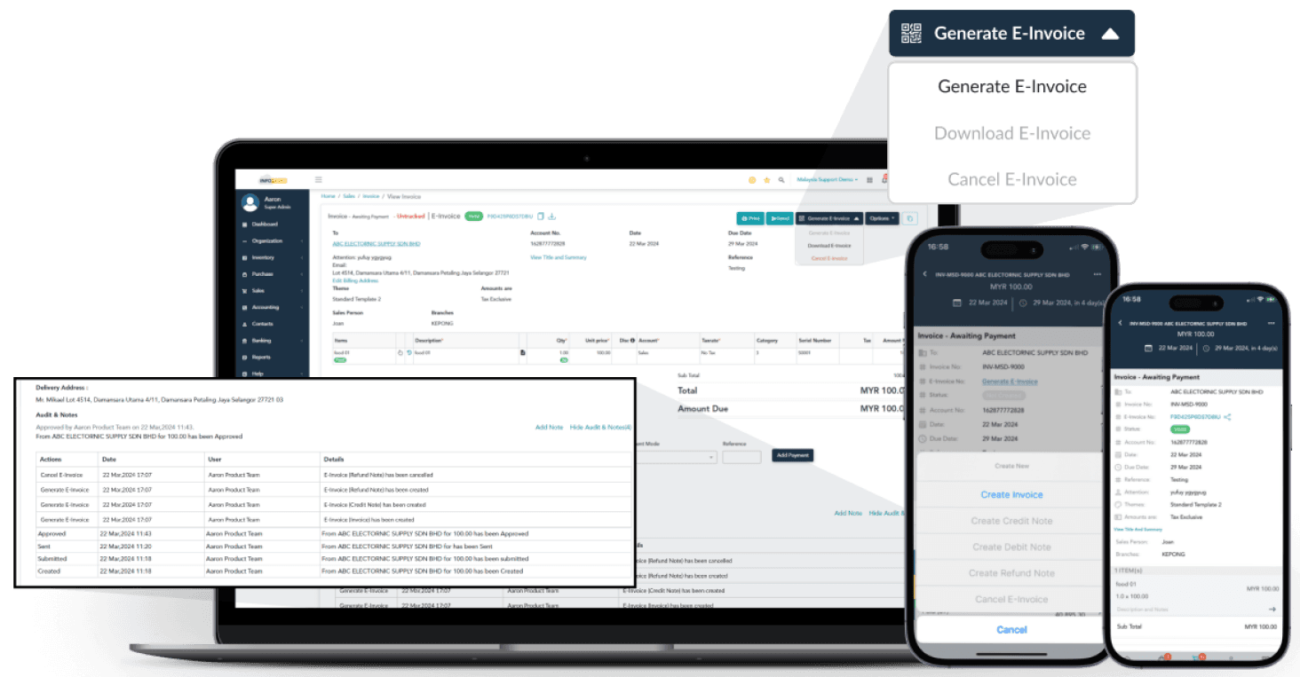 E-invoicing platform shown across laptop and mobile screens